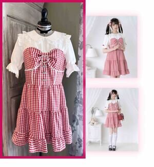 DearMyLove Round-neck Bustier Dress Gingham Red Bijoux Kawaii Jirai Kei Japan